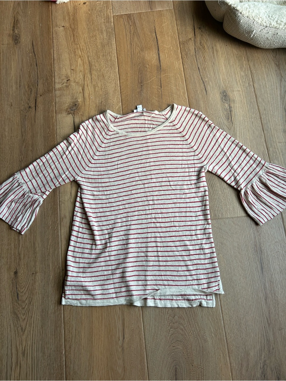 J. Jill Cream and Red Striped Ruffle-Sleeve Top
